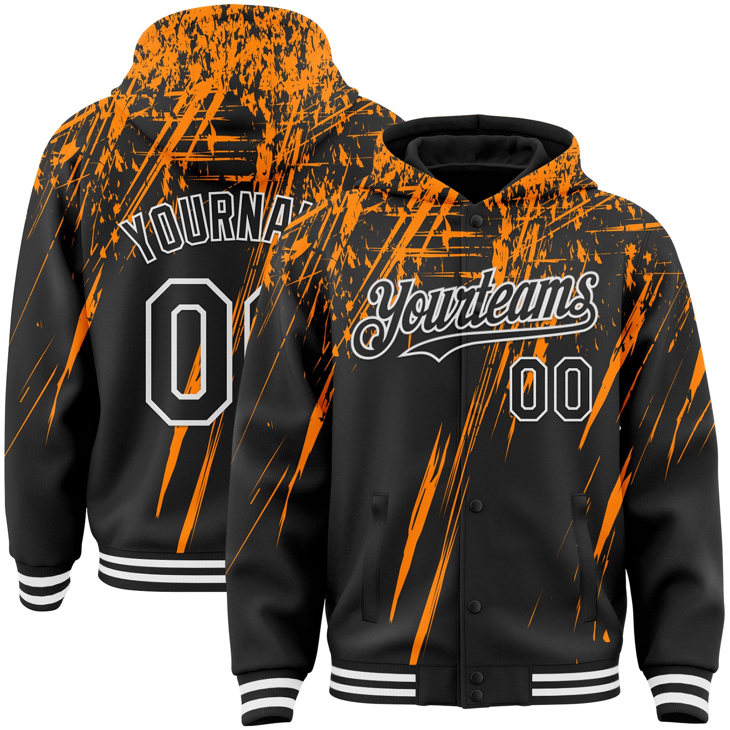 Custom Black Bay Orange-White Splash Bomber Full-Snap Varsity Letterman Hoodie Jacket