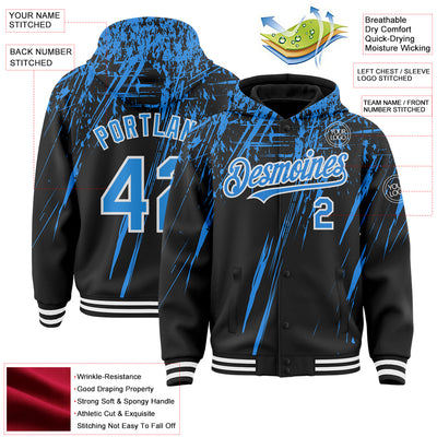 Custom Black Powder Blue-White Splash Bomber Full-Snap Varsity Letterman Hoodie Jacket