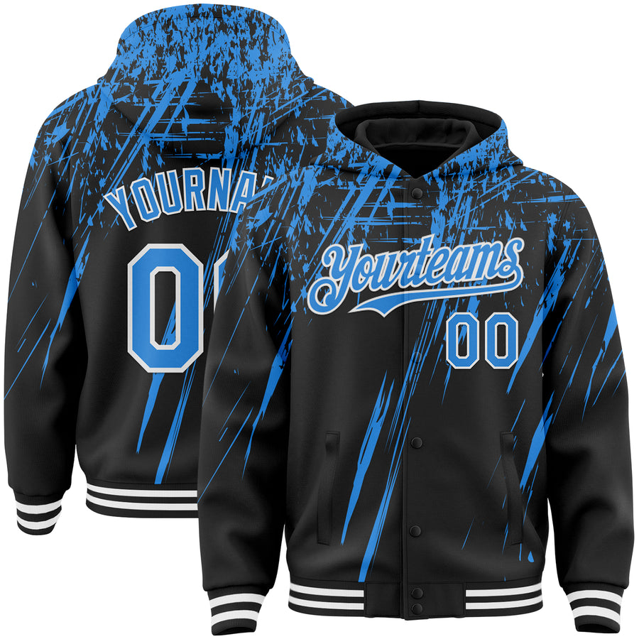 Custom Black Powder Blue-White Splash Bomber Full-Snap Varsity Letterman Hoodie Jacket