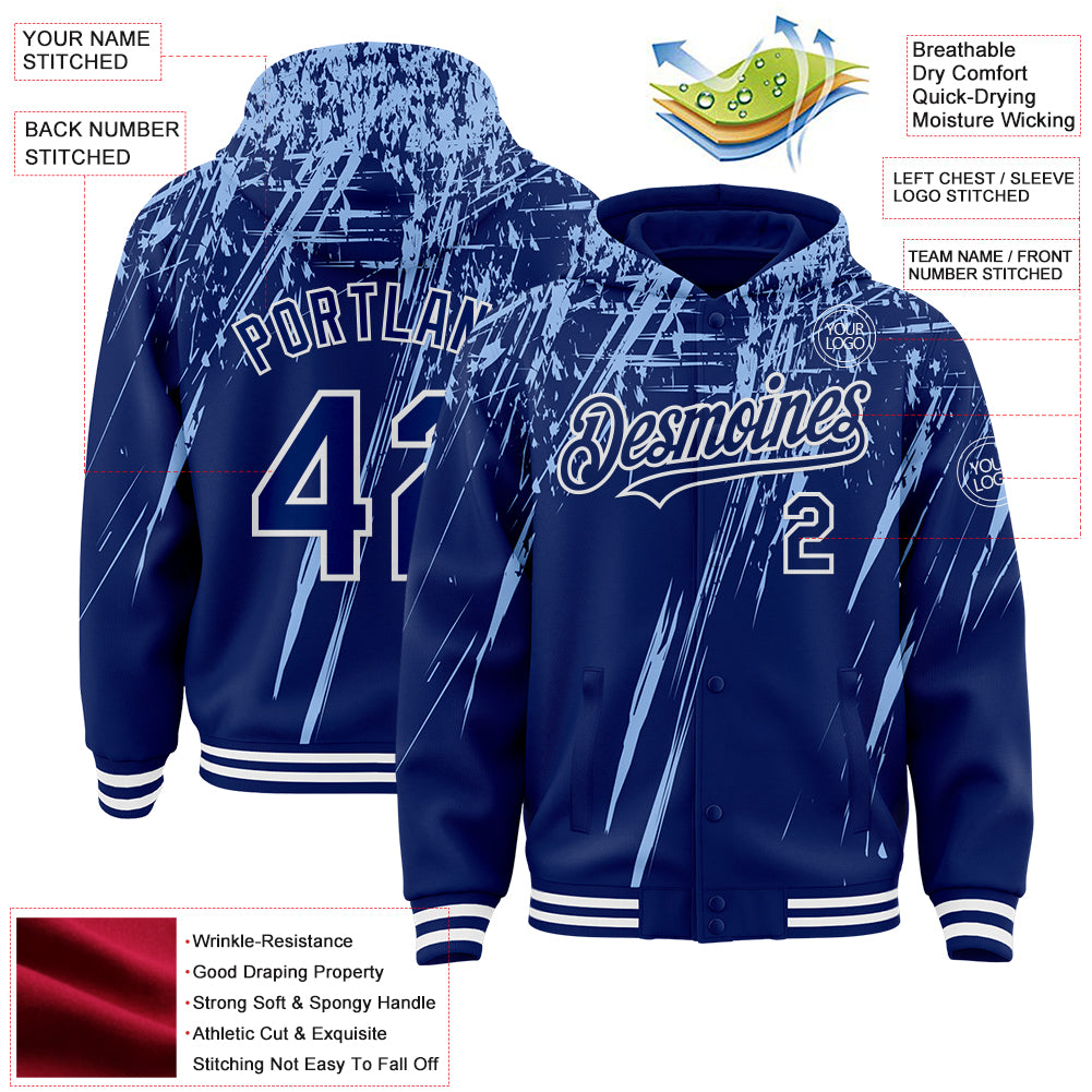 Custom Royal Light Blue-White Splash Bomber Full-Snap Varsity Letterman Hoodie Jacket
