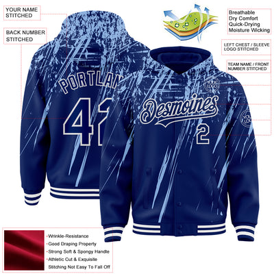 Custom Royal Light Blue-White Splash Bomber Full-Snap Varsity Letterman Hoodie Jacket