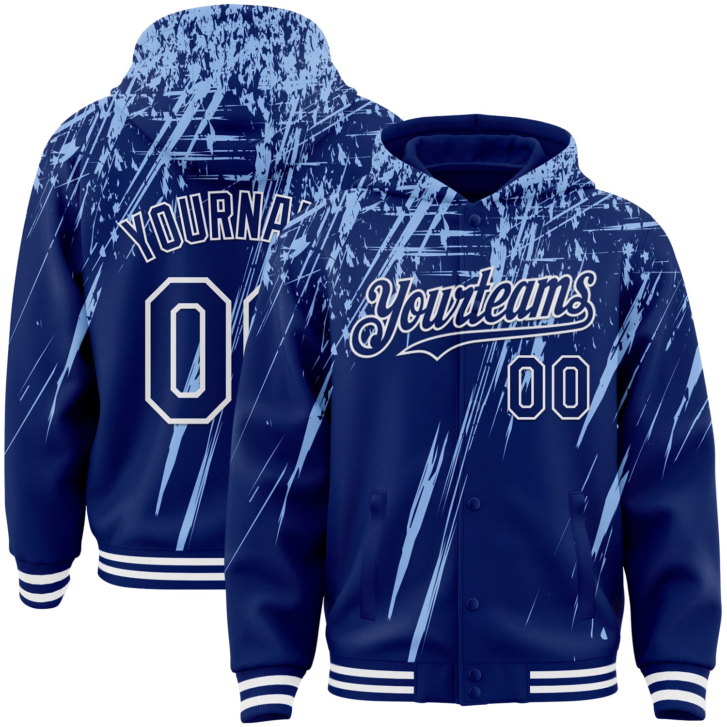 Custom Royal Light Blue-White Splash Bomber Full-Snap Varsity Letterman Hoodie Jacket