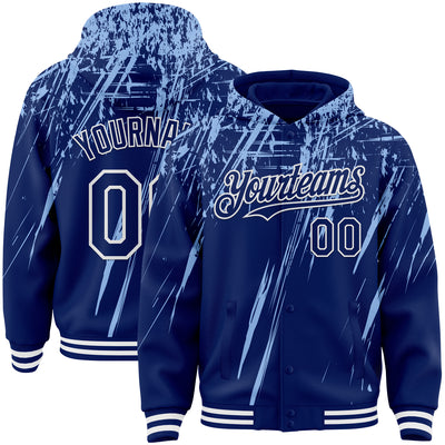 Custom Royal Light Blue-White Splash Bomber Full-Snap Varsity Letterman Hoodie Jacket