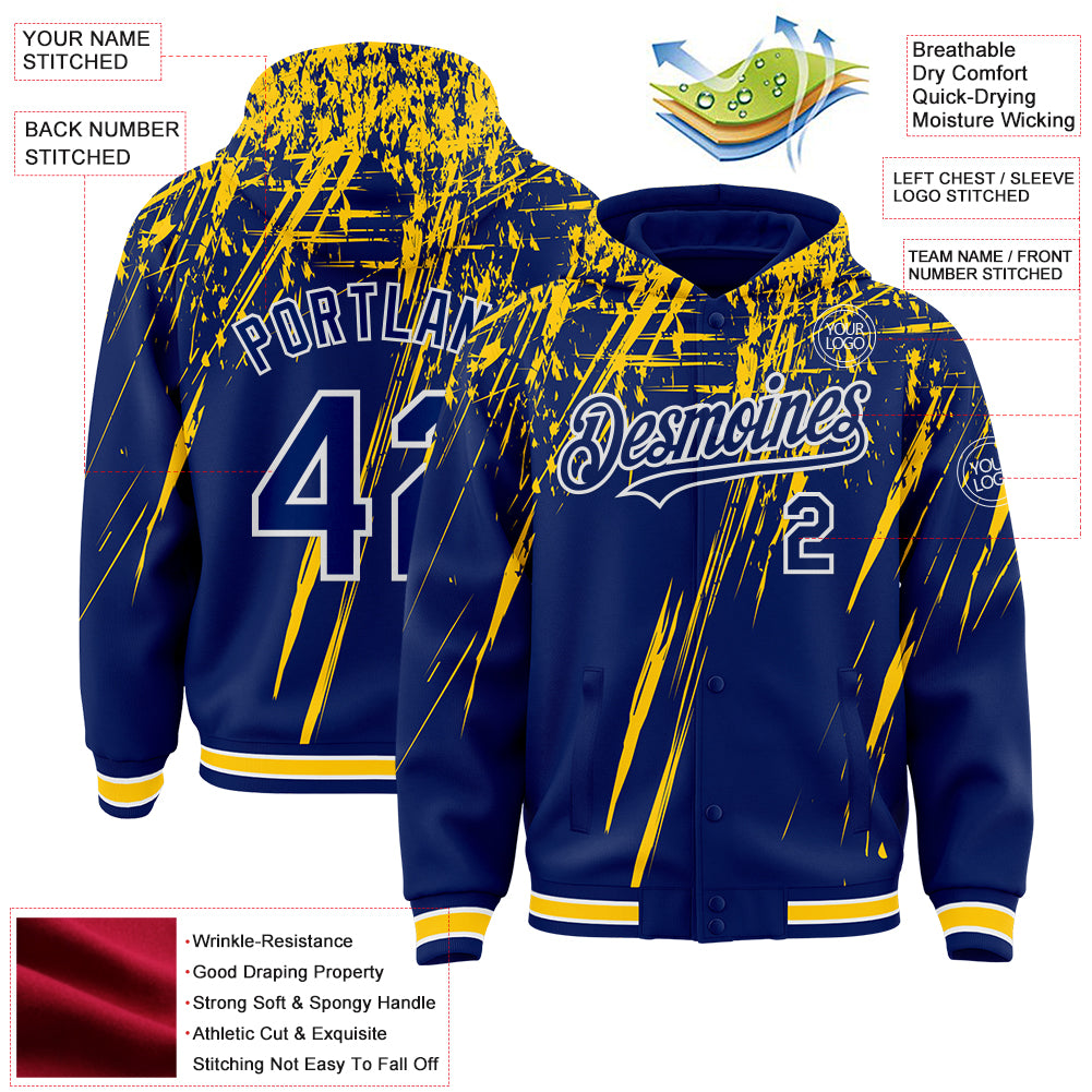 Custom Royal Yellow-White Splash Bomber Full-Snap Varsity Letterman Hoodie Jacket