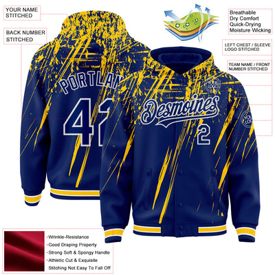 Custom Royal Yellow-White Splash Bomber Full-Snap Varsity Letterman Hoodie Jacket