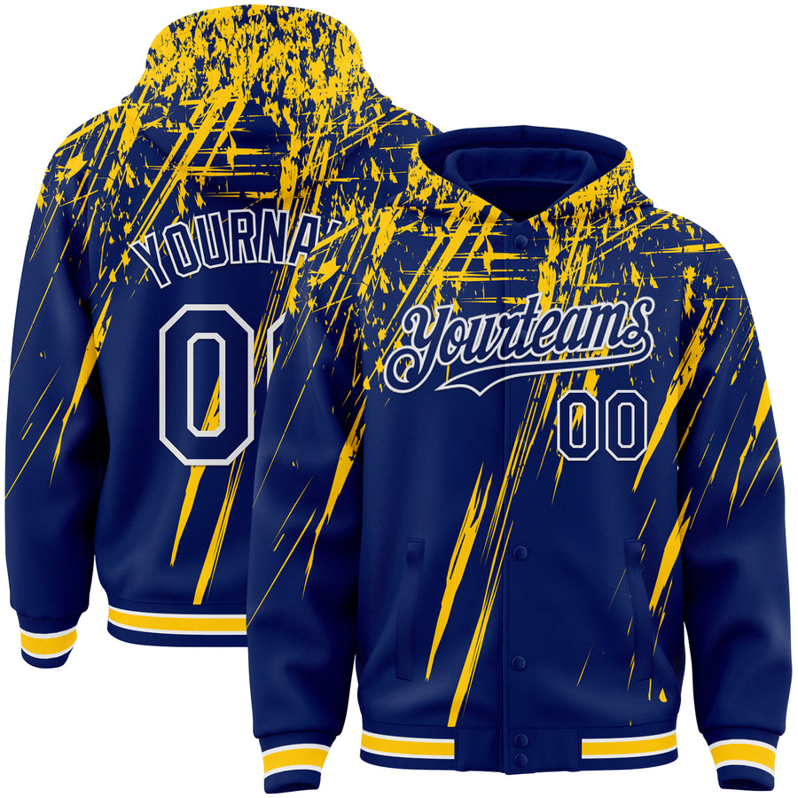 Custom Royal Yellow-White Splash Bomber Full-Snap Varsity Letterman Hoodie Jacket
