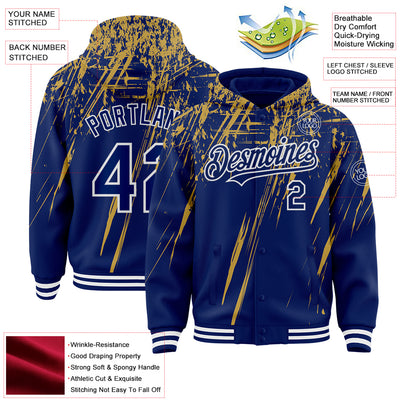 Custom Royal Old Gold-White Splash Bomber Full-Snap Varsity Letterman Hoodie Jacket
