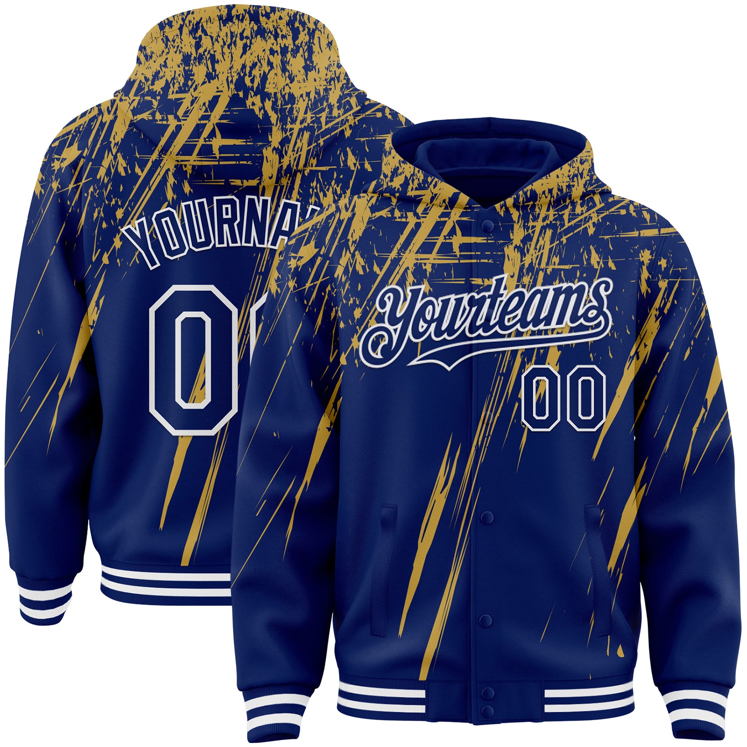 Custom Royal Old Gold-White Splash Bomber Full-Snap Varsity Letterman Hoodie Jacket
