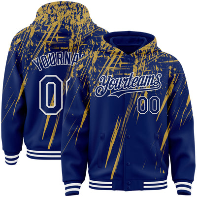 Custom Royal Old Gold-White Splash Bomber Full-Snap Varsity Letterman Hoodie Jacket