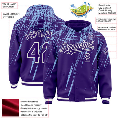 Custom Purple Light Blue-White Splash Bomber Full-Snap Varsity Letterman Hoodie Jacket