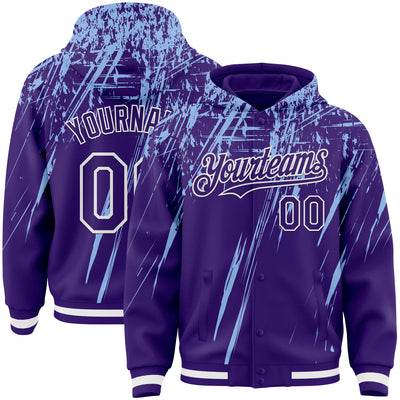 Custom Purple Light Blue-White Splash Bomber Full-Snap Varsity Letterman Hoodie Jacket