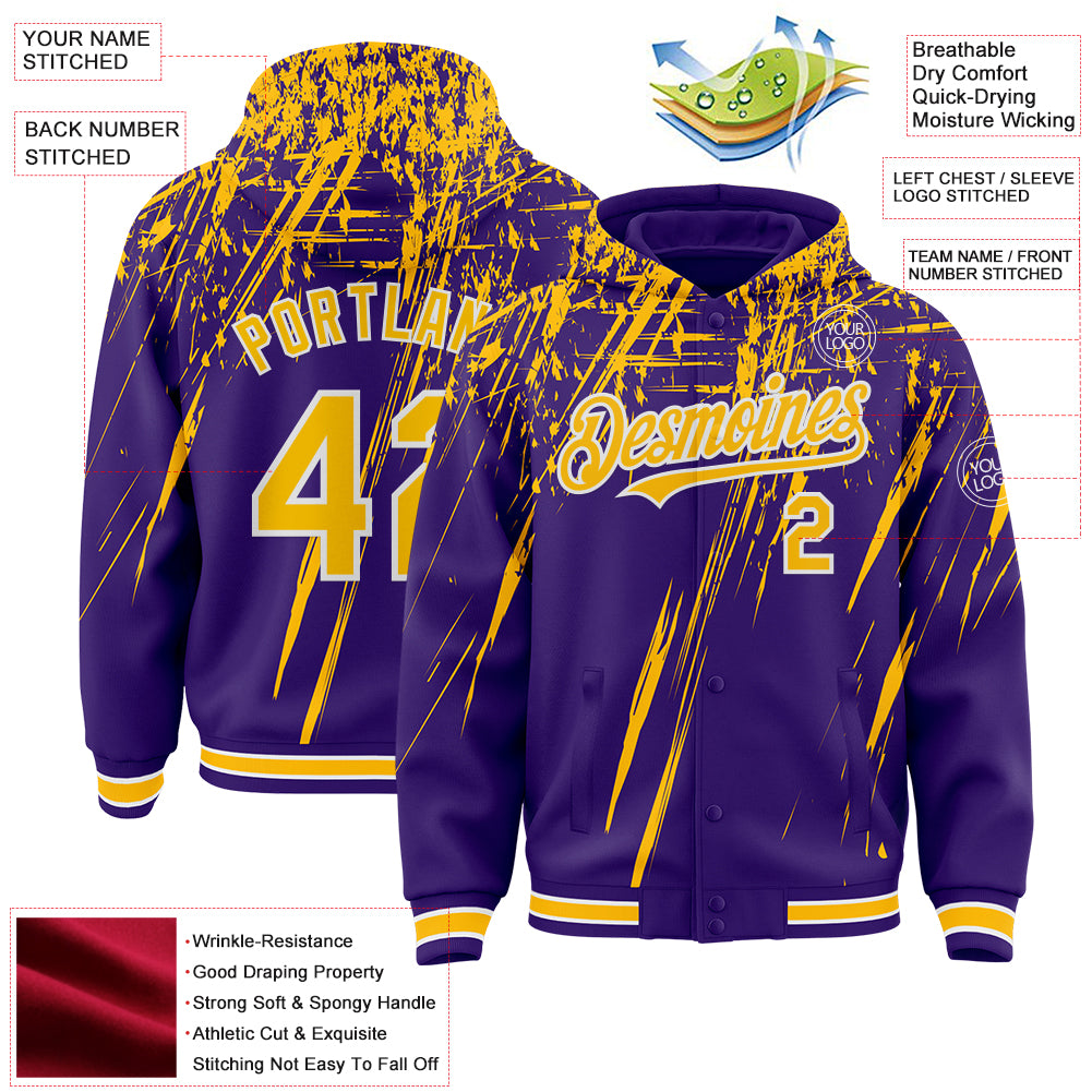 Custom Purple Gold-White Splash Bomber Full-Snap Varsity Letterman Hoodie Jacket