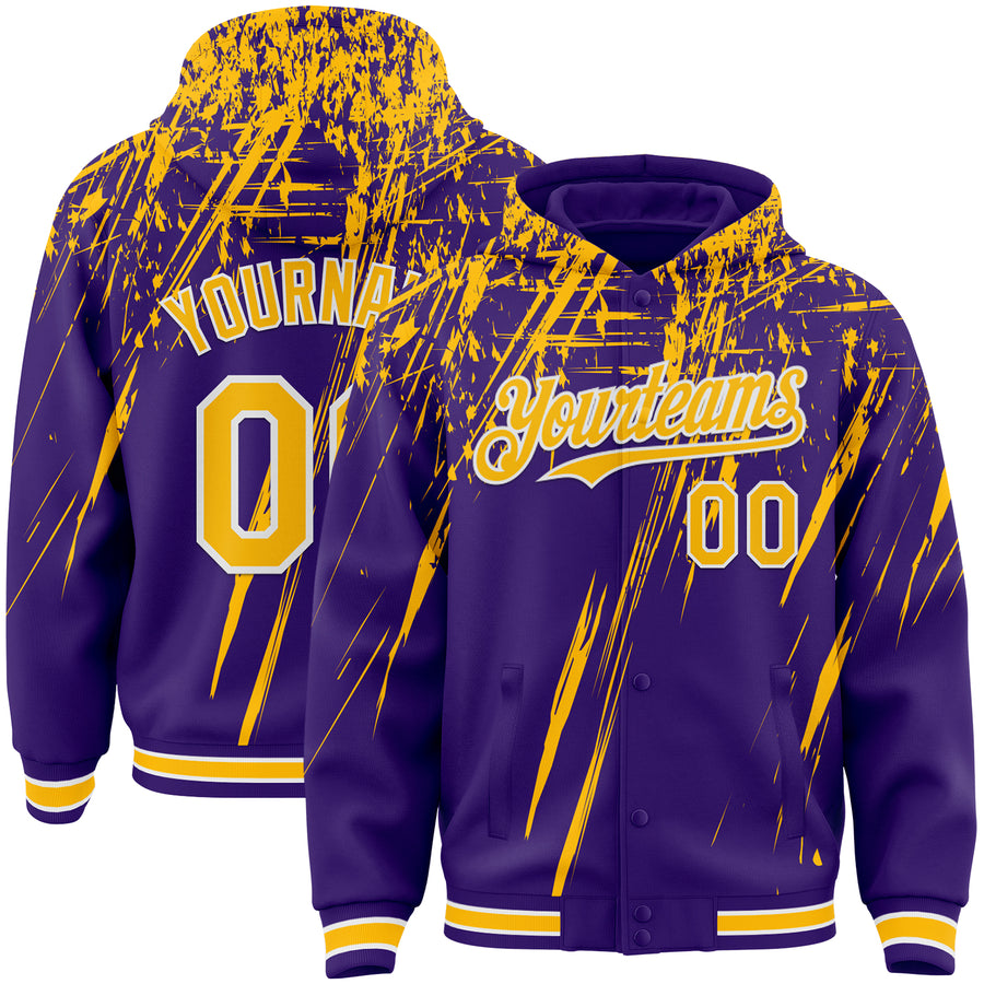 Custom Purple Gold-White Splash Bomber Full-Snap Varsity Letterman Hoodie Jacket