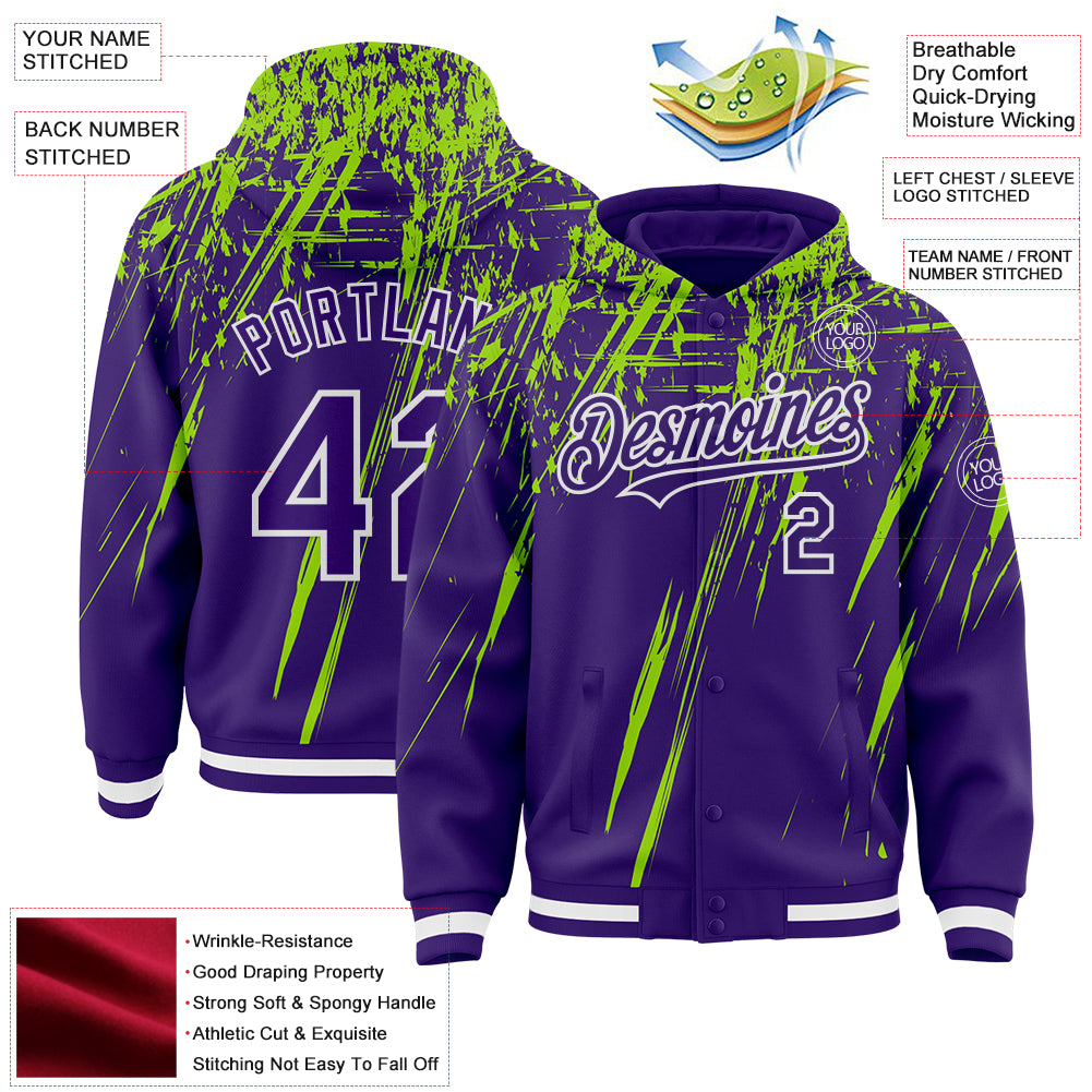 Custom Purple Neon Green-White Splash Bomber Full-Snap Varsity Letterman Hoodie Jacket