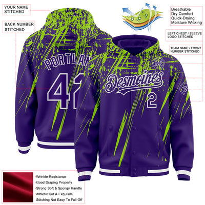 Custom Purple Neon Green-White Splash Bomber Full-Snap Varsity Letterman Hoodie Jacket