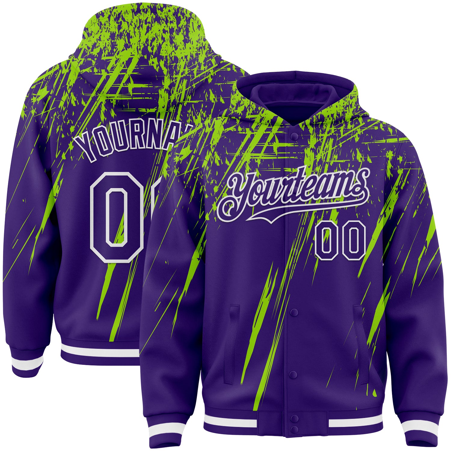 Custom Purple Neon Green-White Splash Bomber Full-Snap Varsity Letterman Hoodie Jacket