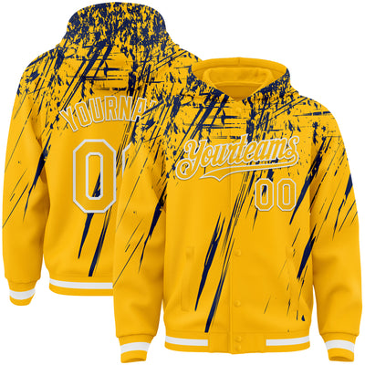 Custom Gold Navy-White Splash Bomber Full-Snap Varsity Letterman Hoodie Jacket