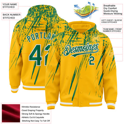 Custom Gold Kelly Green-White Splash Bomber Full-Snap Varsity Letterman Hoodie Jacket