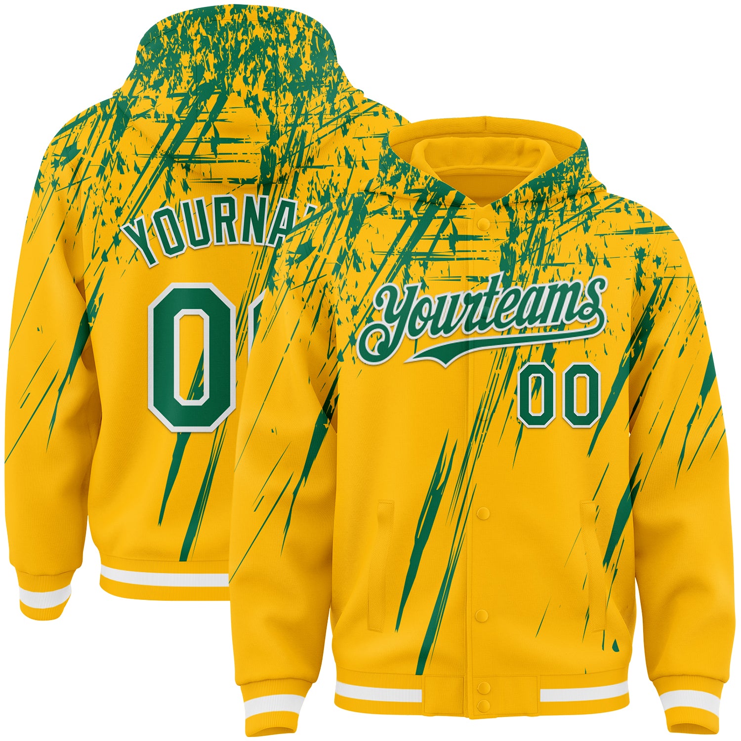 Custom Gold Kelly Green-White Splash Bomber Full-Snap Varsity Letterman Hoodie Jacket
