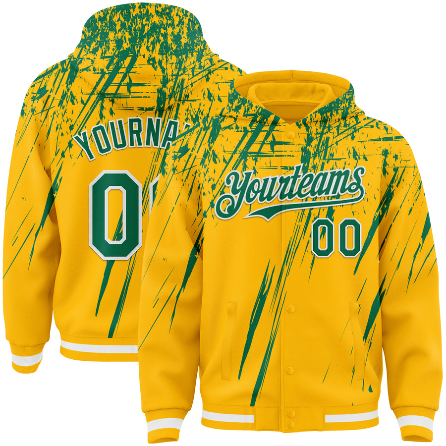 Custom Gold Kelly Green-White Splash Bomber Full-Snap Varsity Letterman Hoodie Jacket