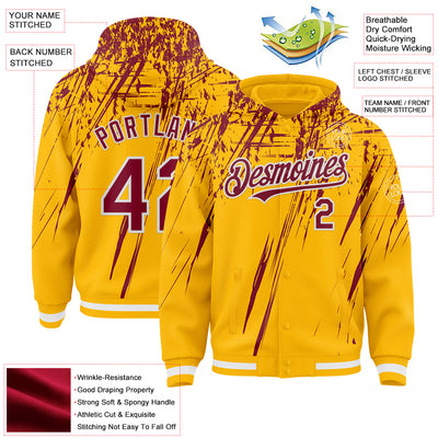 Custom Gold Crimson-White Splash Bomber Full-Snap Varsity Letterman Hoodie Jacket