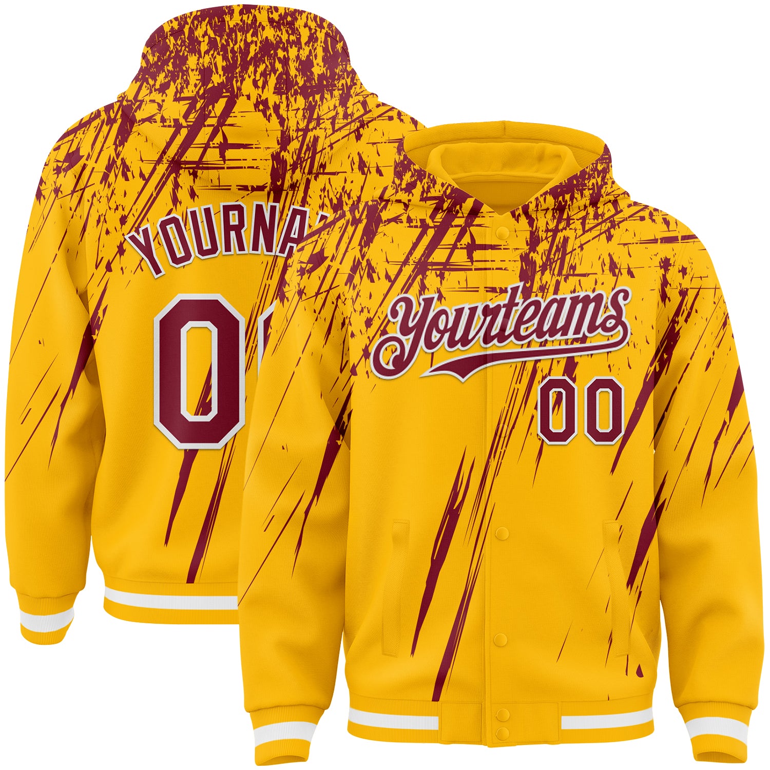 Custom Gold Crimson-White Splash Bomber Full-Snap Varsity Letterman Hoodie Jacket