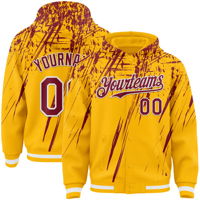 Custom Gold Crimson-White Splash Bomber Full-Snap Varsity Letterman Hoodie Jacket