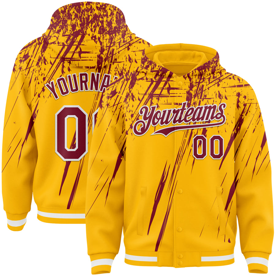 Custom Gold Crimson-White Splash Bomber Full-Snap Varsity Letterman Hoodie Jacket