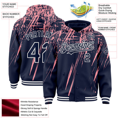 Custom Navy Medium Pink-White Splash Bomber Full-Snap Varsity Letterman Hoodie Jacket