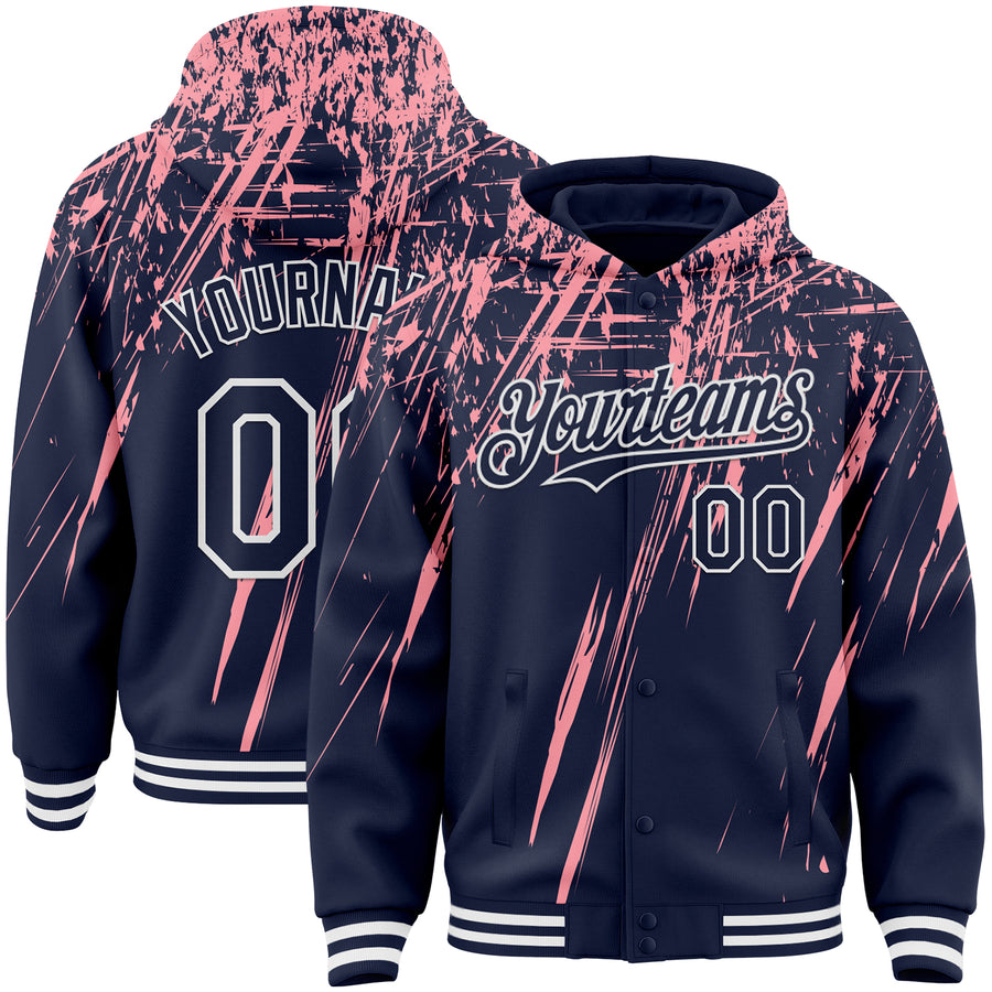 Custom Navy Medium Pink-White Splash Bomber Full-Snap Varsity Letterman Hoodie Jacket