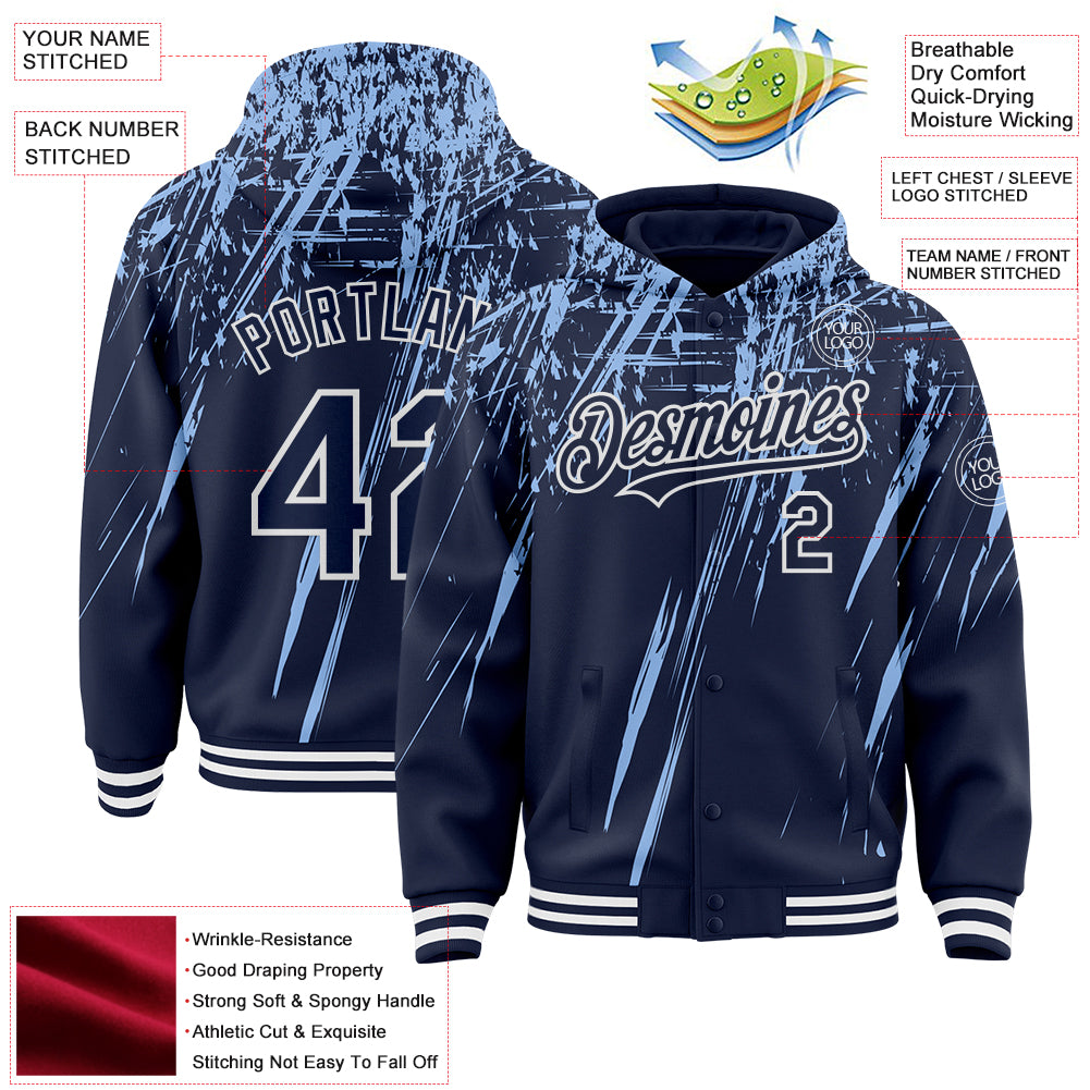 Custom Navy Light Blue-White Splash Bomber Full-Snap Varsity Letterman Hoodie Jacket