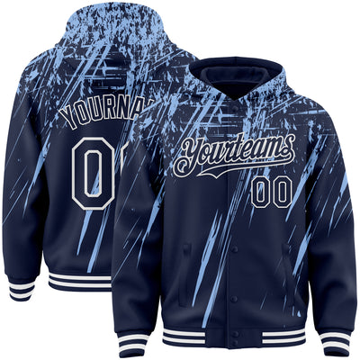 Custom Navy Light Blue-White Splash Bomber Full-Snap Varsity Letterman Hoodie Jacket