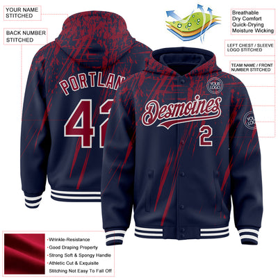 Custom Navy Crimson-White Splash Bomber Full-Snap Varsity Letterman Hoodie Jacket