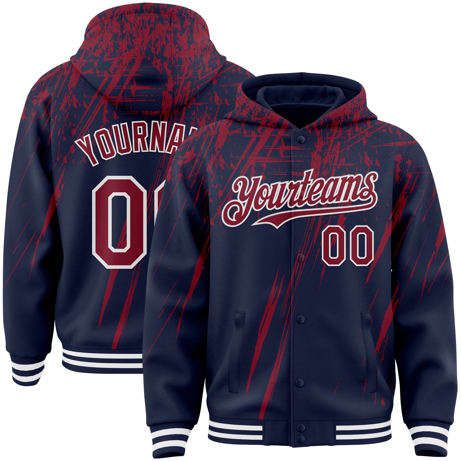 Custom Navy Crimson-White Splash Bomber Full-Snap Varsity Letterman Hoodie Jacket
