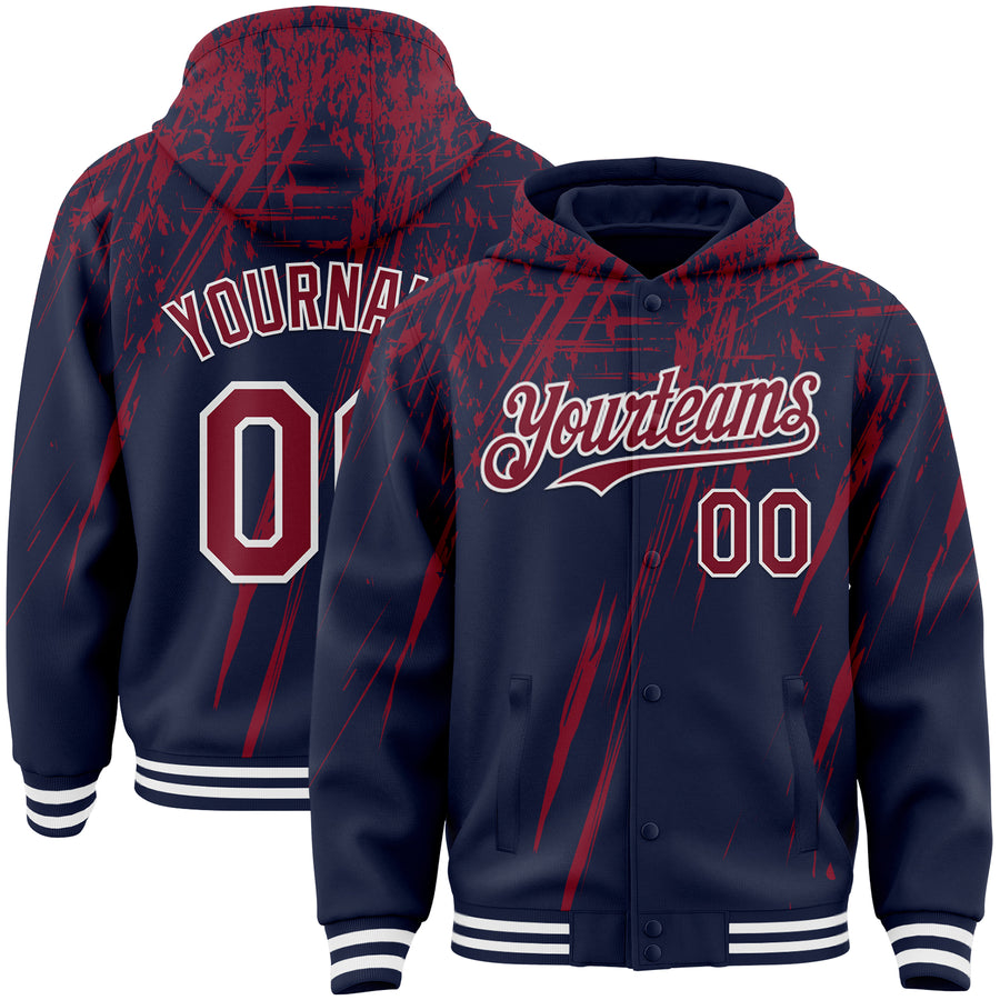 Custom Navy Crimson-White Splash Bomber Full-Snap Varsity Letterman Hoodie Jacket
