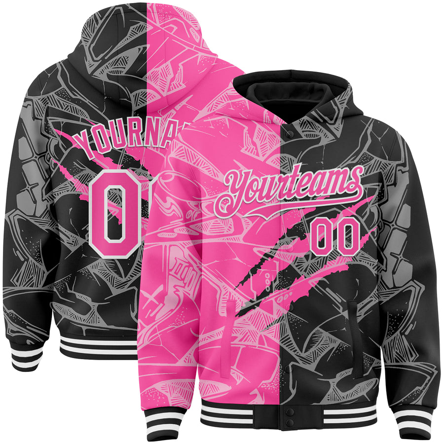 Custom Graffiti Pattern Pink Black-White Scratch Bomber Full-Snap Varsity Letterman Hoodie Jacket