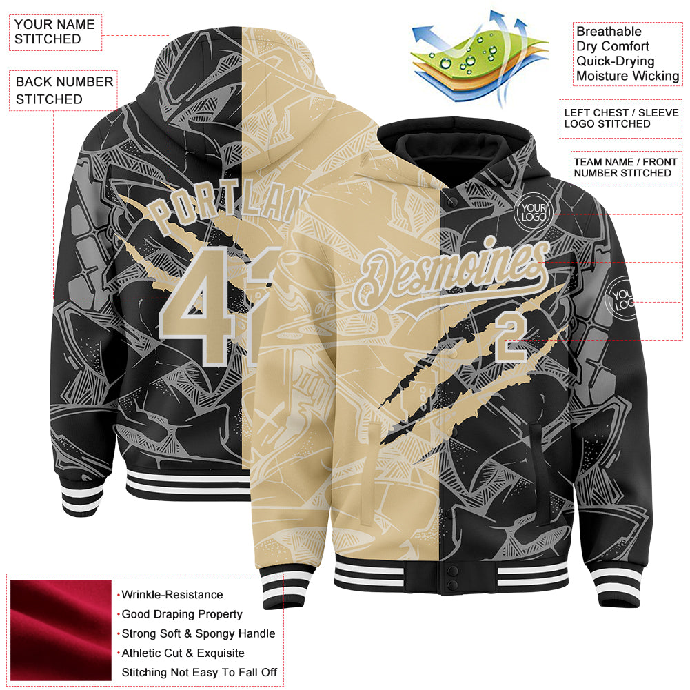 Custom Graffiti Pattern Vegas Gold Black-White Scratch Bomber Full-Snap Varsity Letterman Hoodie Jacket