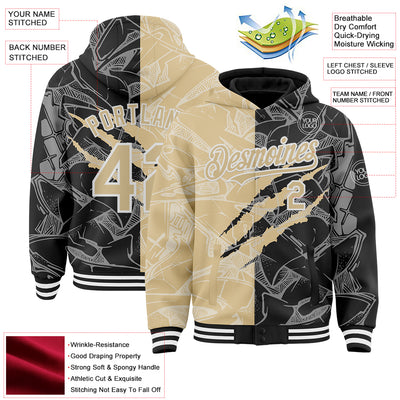 Custom Graffiti Pattern Vegas Gold Black-White Scratch Bomber Full-Snap Varsity Letterman Hoodie Jacket