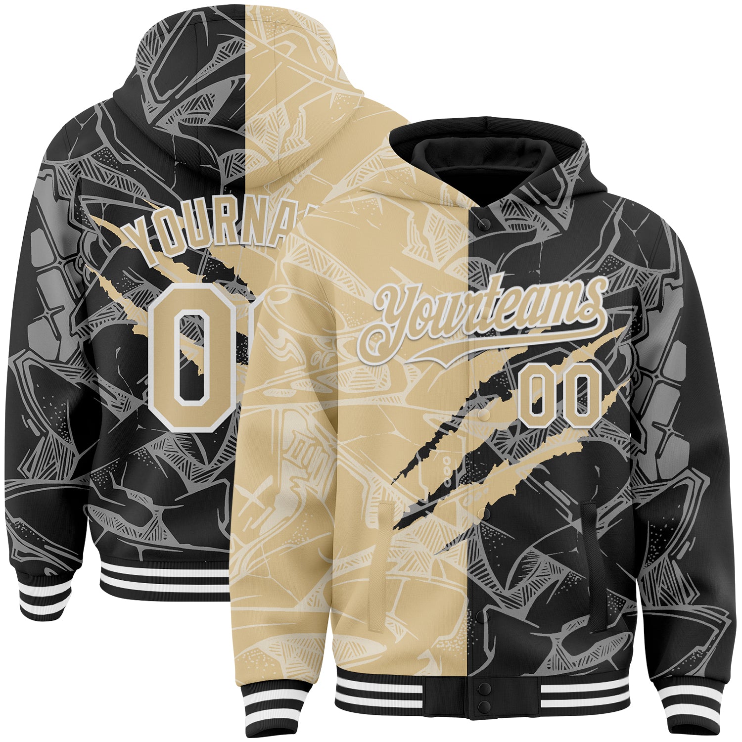 Custom Graffiti Pattern Vegas Gold Black-White Scratch Bomber Full-Snap Varsity Letterman Hoodie Jacket