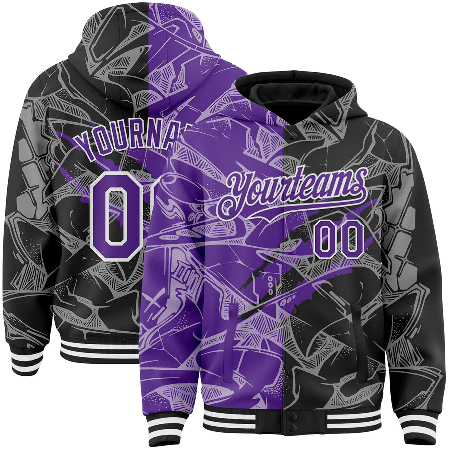 Custom Graffiti Pattern Purple Black-White Scratch Bomber Full-Snap Varsity Letterman Hoodie Jacket