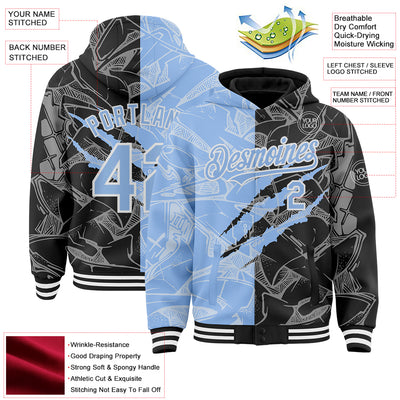 Custom Graffiti Pattern Light Blue Black-White Scratch Bomber Full-Snap Varsity Letterman Hoodie Jacket