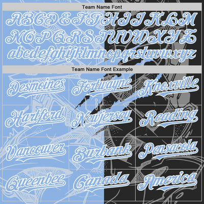 Custom Graffiti Pattern Light Blue Black-White Scratch Bomber Full-Snap Varsity Letterman Hoodie Jacket