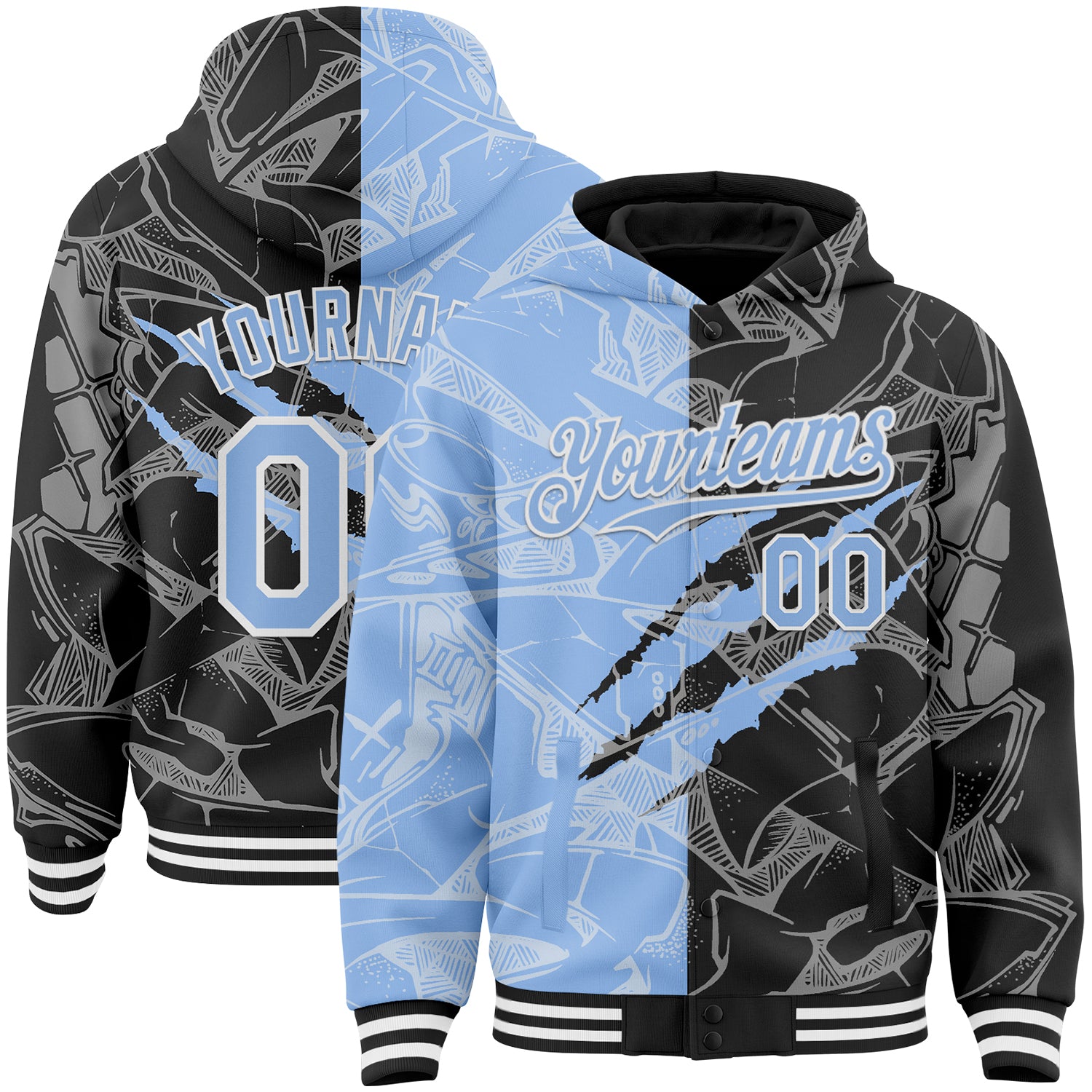 Custom Graffiti Pattern Light Blue Black-White Scratch Bomber Full-Snap Varsity Letterman Hoodie Jacket