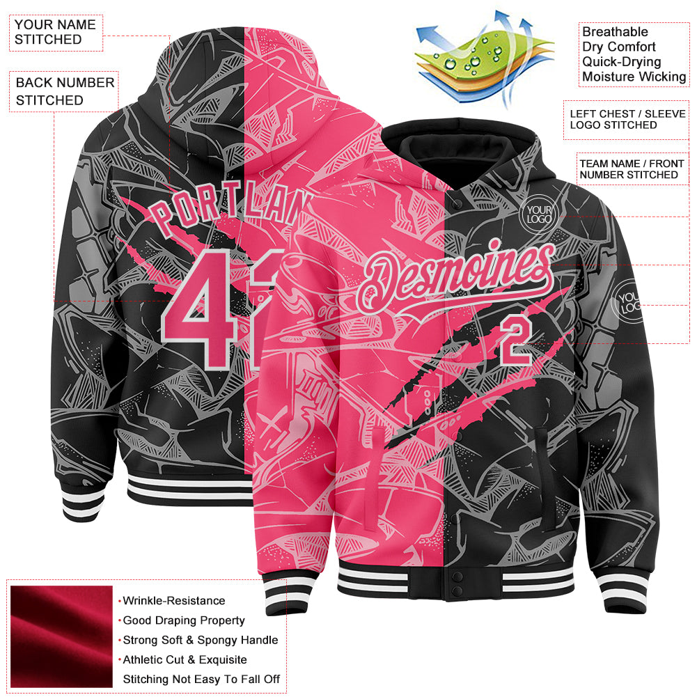 Custom Graffiti Pattern Neon Pink Black-White Scratch Bomber Full-Snap Varsity Letterman Hoodie Jacket