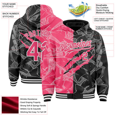 Custom Graffiti Pattern Neon Pink Black-White Scratch Bomber Full-Snap Varsity Letterman Hoodie Jacket