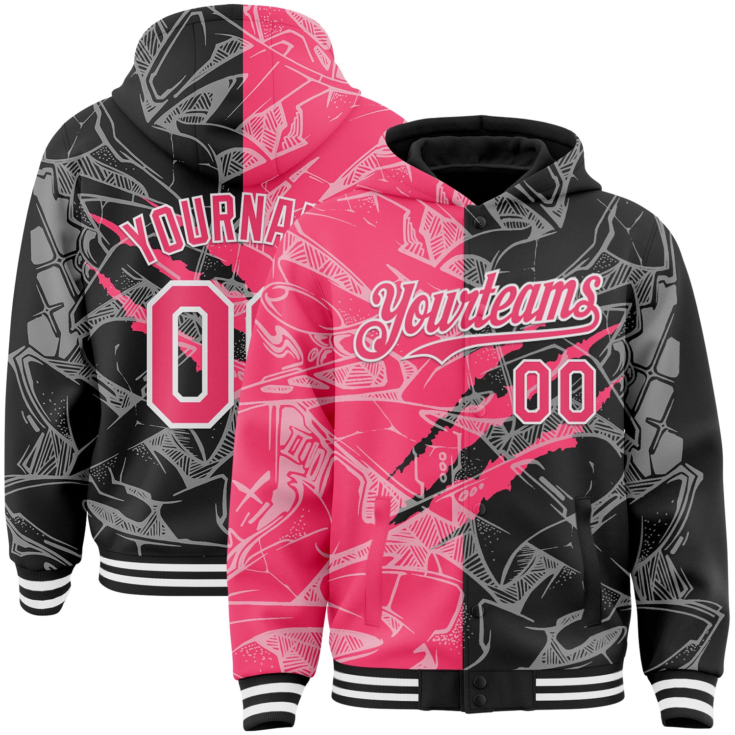 Custom Graffiti Pattern Neon Pink Black-White Scratch Bomber Full-Snap Varsity Letterman Hoodie Jacket