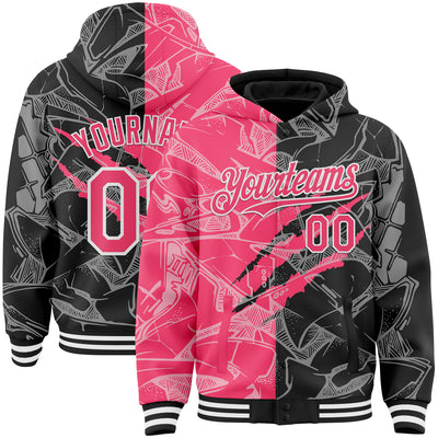 Custom Graffiti Pattern Neon Pink Black-White Scratch Bomber Full-Snap Varsity Letterman Hoodie Jacket