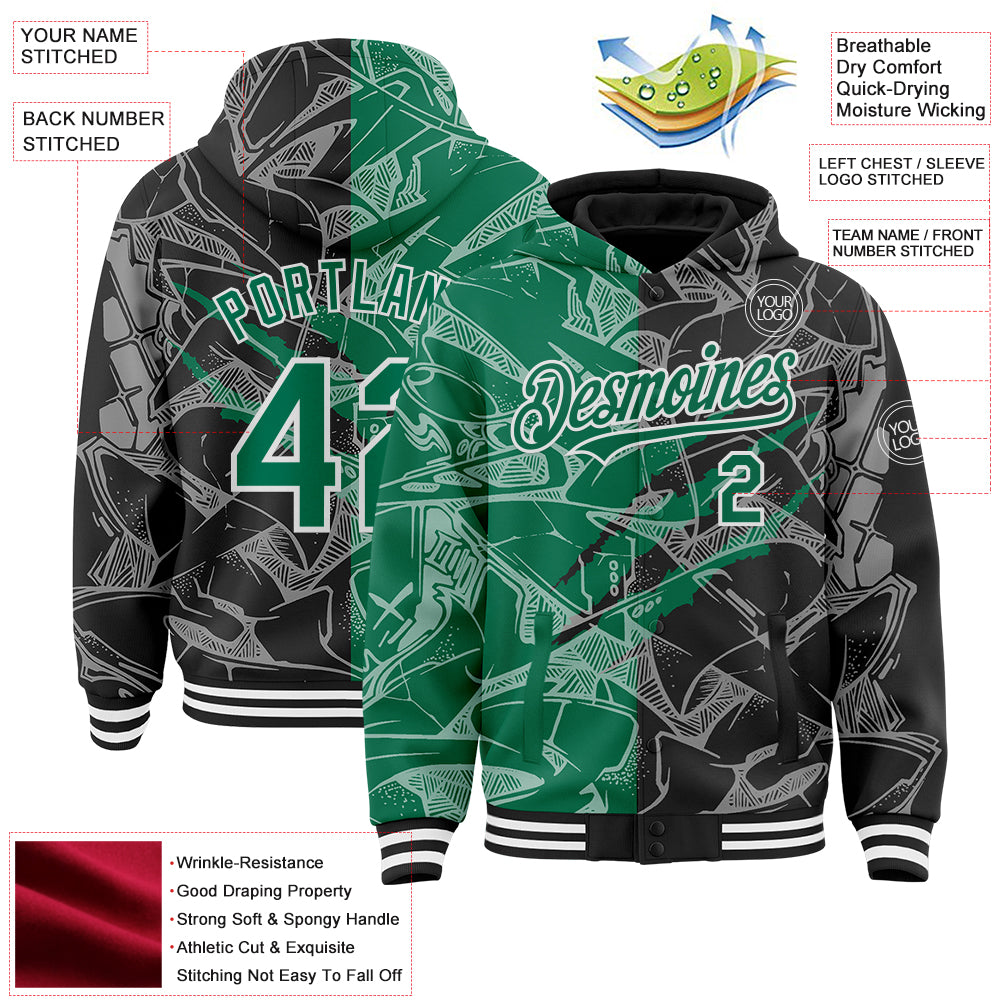 Custom Graffiti Pattern Kelly Green Black-White Scratch Bomber Full-Snap Varsity Letterman Hoodie Jacket