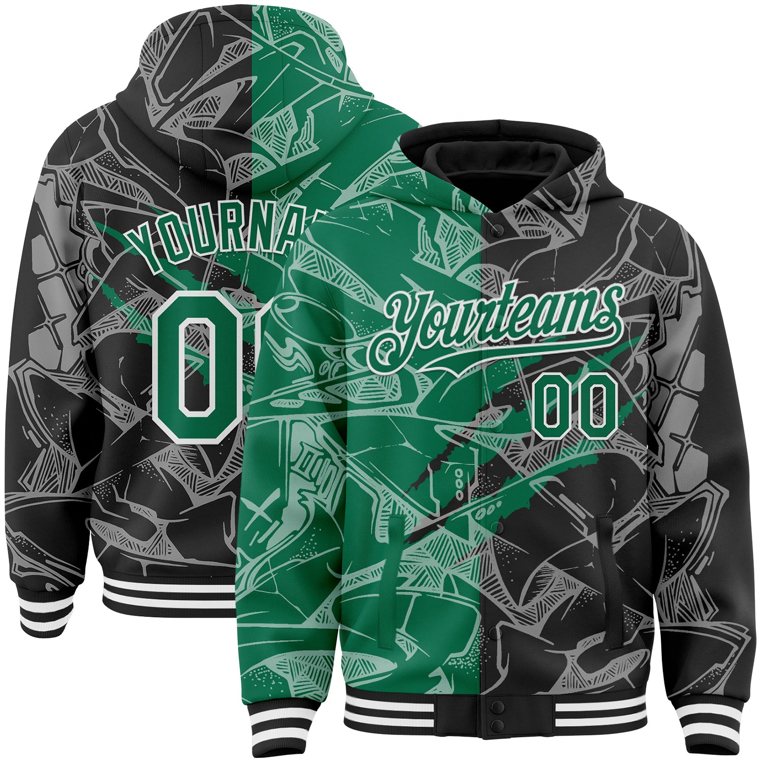 Custom Graffiti Pattern Kelly Green Black-White Scratch Bomber Full-Snap Varsity Letterman Hoodie Jacket