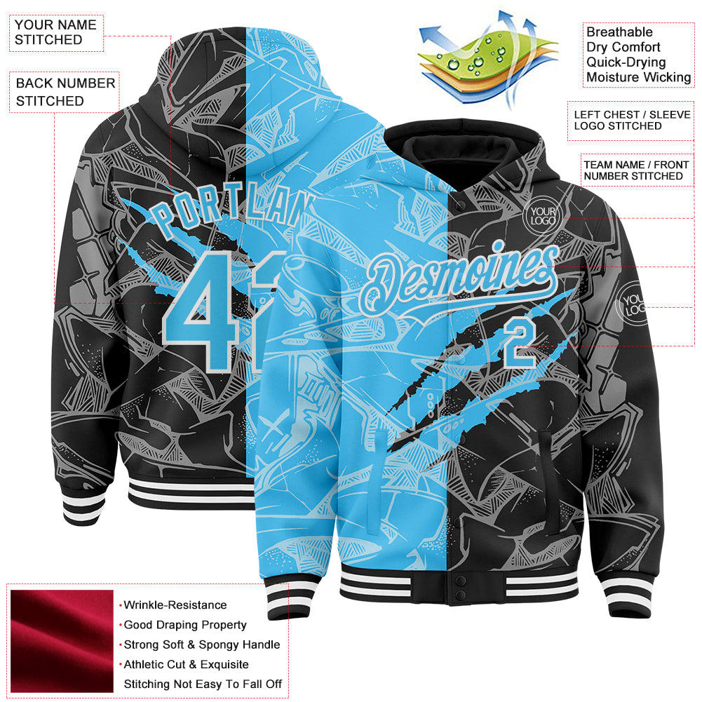Custom Graffiti Pattern Sky Blue Black-White Scratch Bomber Full-Snap Varsity Letterman Hoodie Jacket
